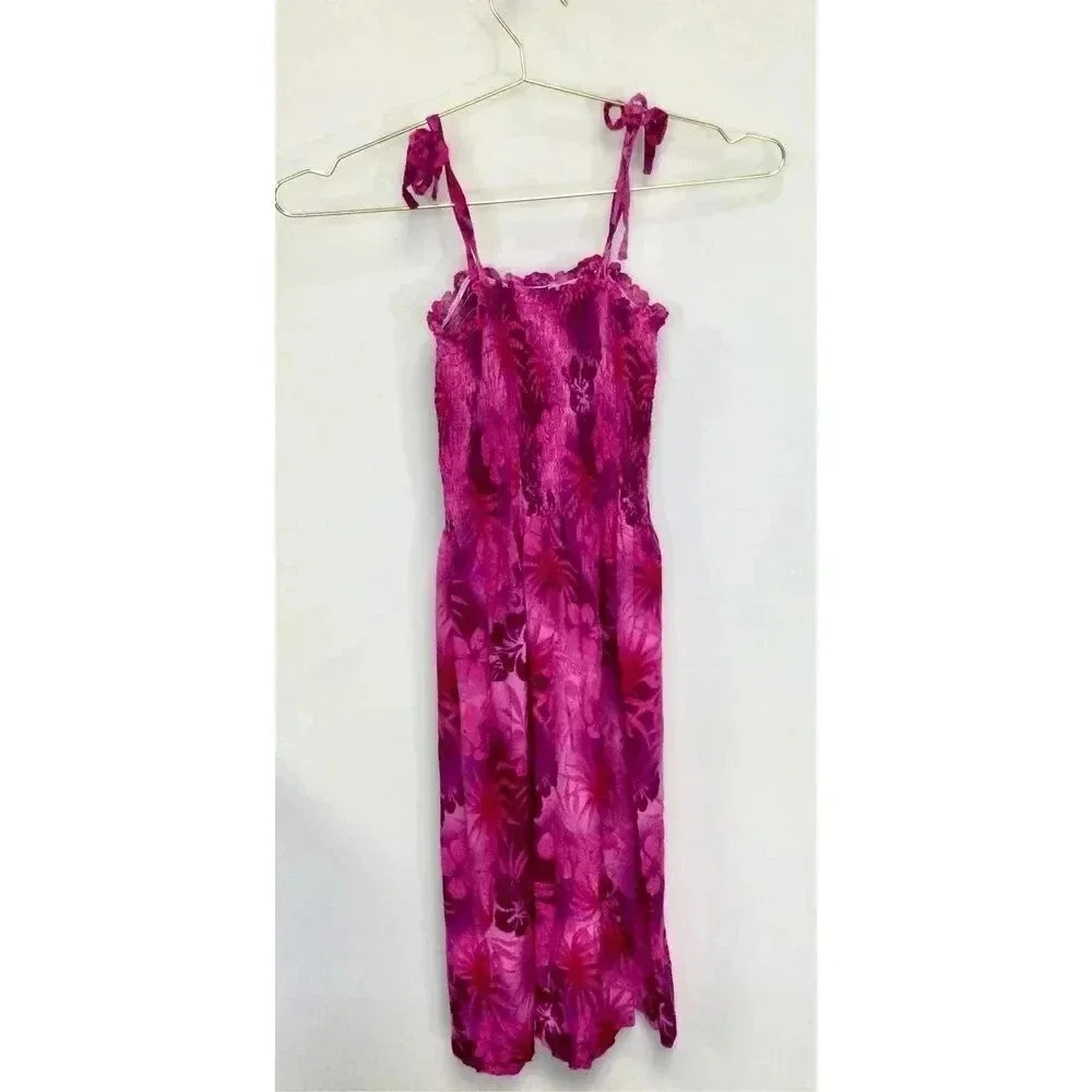 Vintage Tina's Collection Women OS Mini Dress Purple Hibiscus Hawaii Smocked Y2K